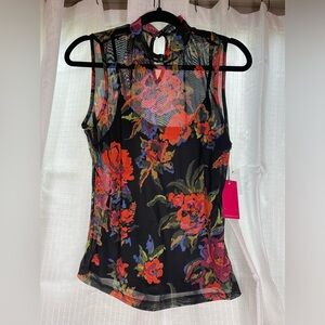 NWT Vince Camuto M Black Mesh floral w/Cami Sleeveless High neck Women's top